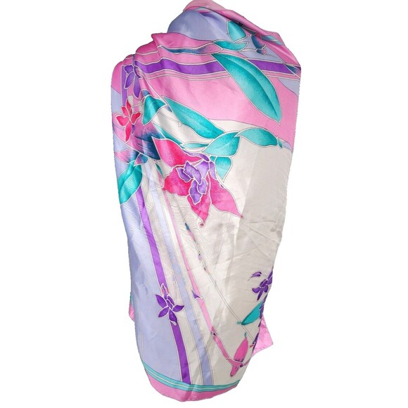 Unknown Brand Womens Ivory Pink Purple Floral Print Square Silk Scarf 34 X 34 - Picture 3 of 7